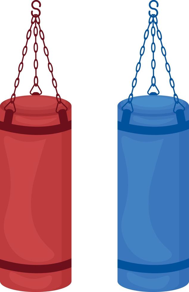 dois grandes sacos de pancadas cilíndricos de cores vermelho e azul. equipamentos esportivos para boxe, kickboxing e outras artes marciais. ilustração vetorial isolada em um fundo branco vetor
