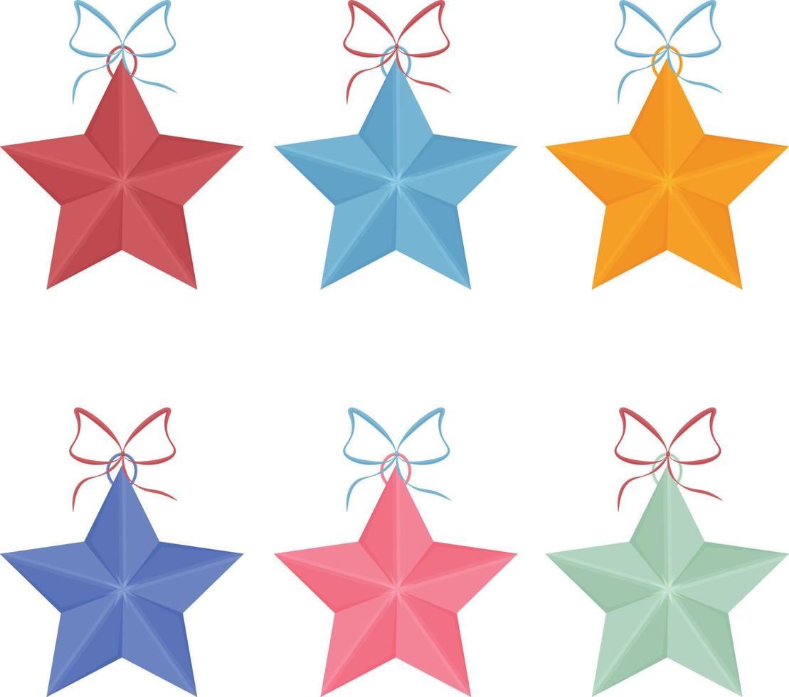 estrelas. um conjunto de brinquedos de árvore de natal de cores diferentes, em forma de estrelas. estrelas de brinquedos de natal. brinquedos para pinheiros de natal. ilustração vetorial em um fundo branco vetor