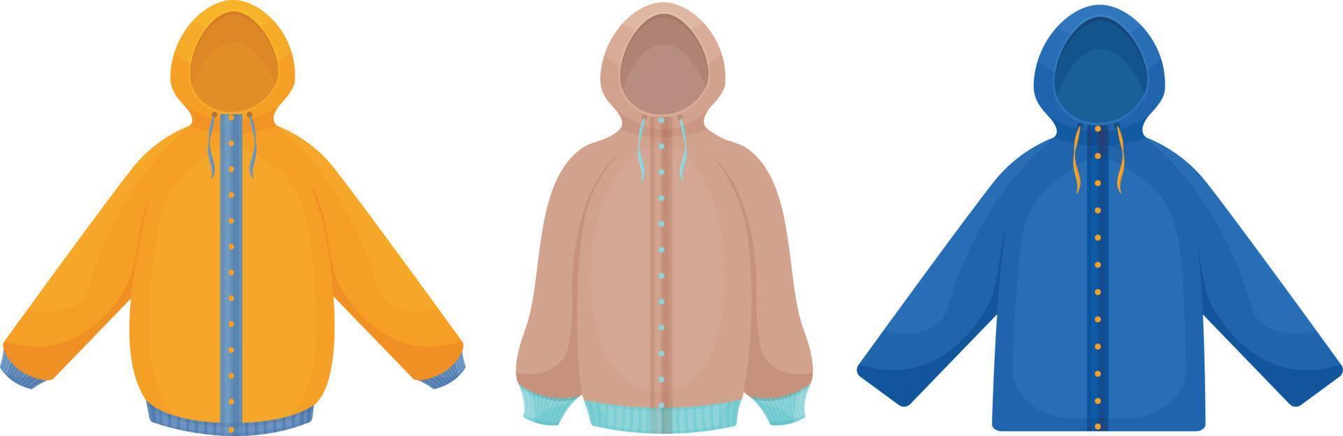 jaquetas para caminhadas de outono e inverno em diferentes cores e estilos. um conjunto de três jaquetas. agasalhos juvenis para caminhadas e esportes. ilustração vetorial vetor