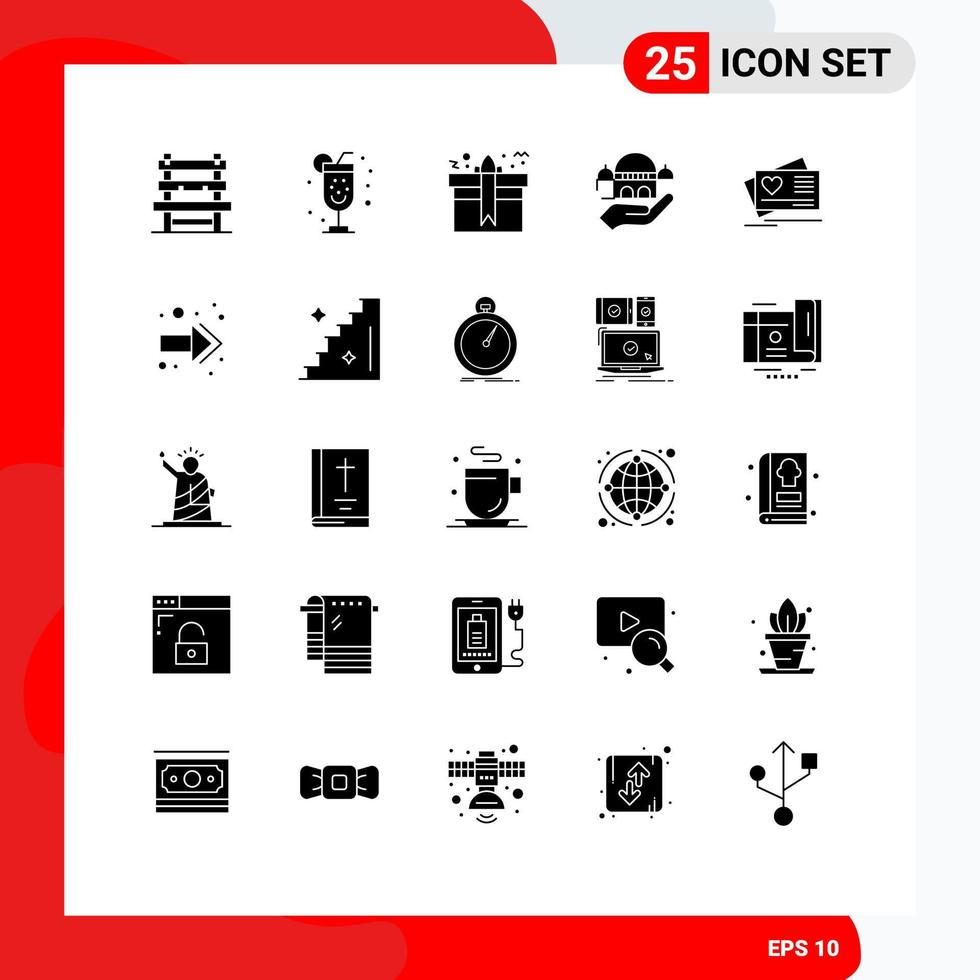 25 sinais universais de glifo sólido, símbolos de caixa de doação de amor, mesquita de caridade, elementos de design de vetores editáveis