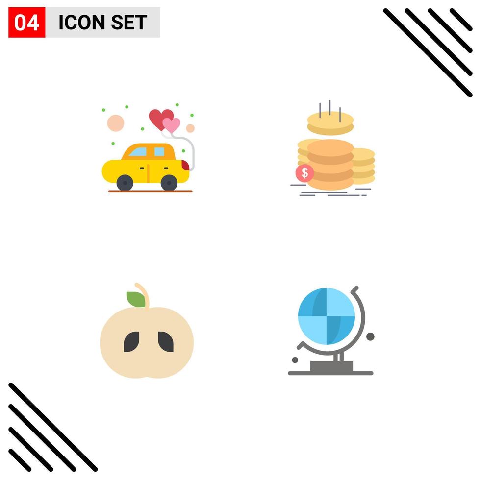 conjunto de 4 pacotes de ícones planos comerciais para elementos de design de vetores editáveis de frutas de ouro de romance de maçã de carro
