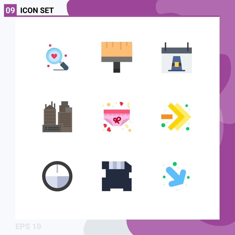 pacote de 9 sinais e símbolos modernos de cores planas para mídia impressa na web, como calendário de escritório de roupas, peregrino, elementos de design de vetores editáveis