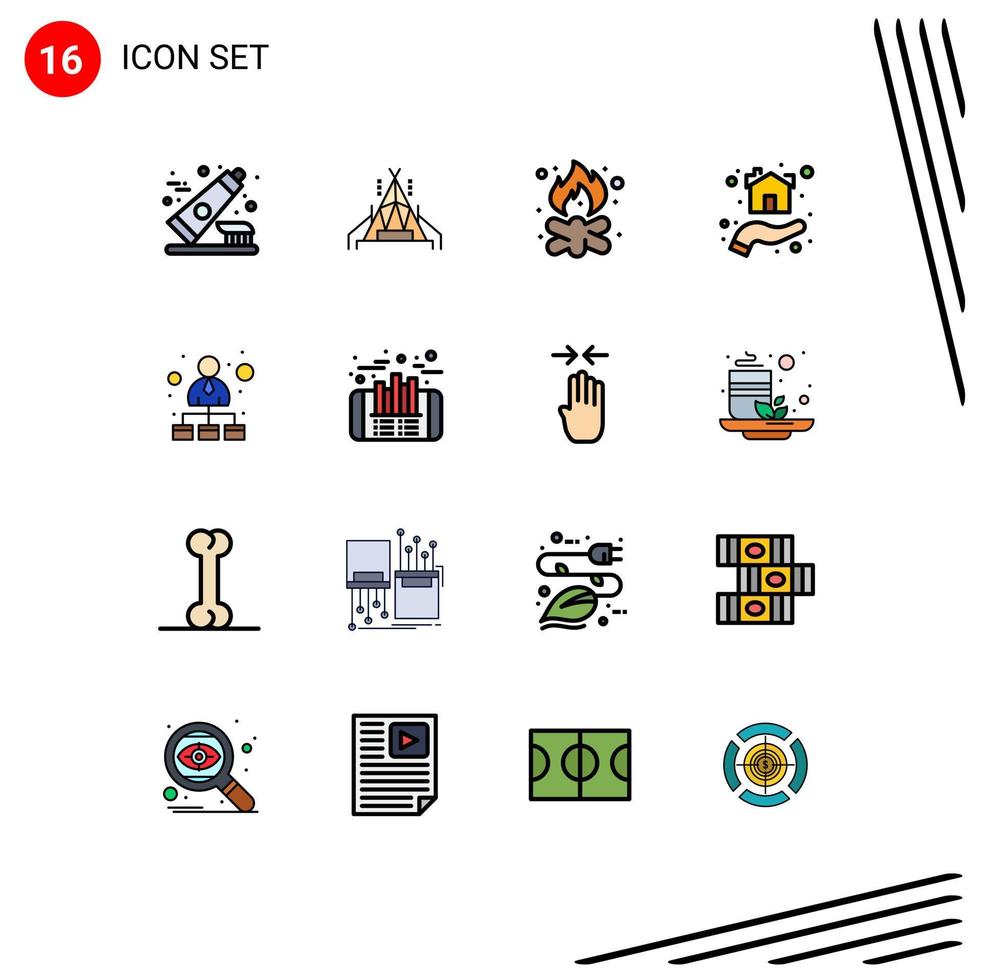 16 conceito de linha cheia de cores planas para sites móveis e aplicativos rede hierárquica casa fogueira casa dando elementos de design de vetores criativos editáveis