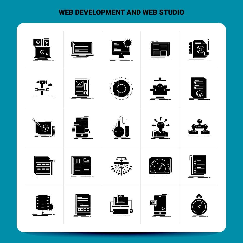 sólido 25 desenvolvimento web e conjunto de ícones de estúdio web design de estilo glifo vetorial conjunto de ícones pretos conjunto de ideias de negócios móveis e web design ilustração vetorial vetor
