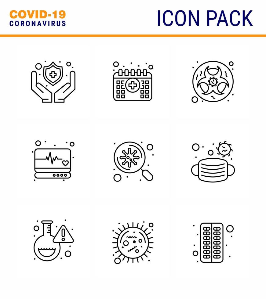 conjunto de ícones covid19 para infográfico pacote de 9 linhas, como pesquisa, monitor médico, supervisão de risco, emergência, vírus viral, elementos de design de vetor de doença 2019nov