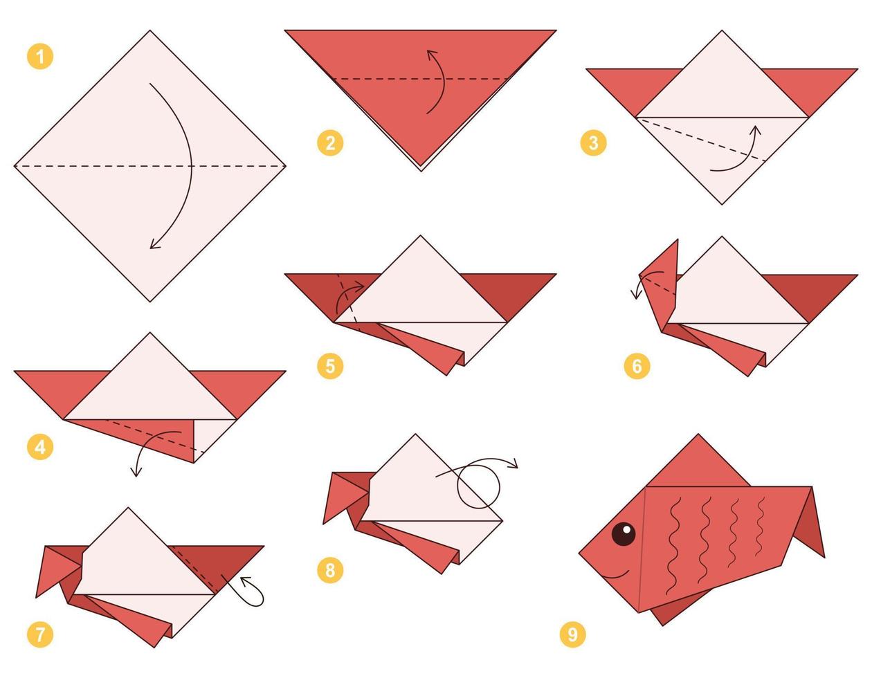 peixe origami esquema tutorial modelo em movimento. origami para crianças. passo a passo como fazer um lindo peixe de origami. ilustração vetorial. vetor