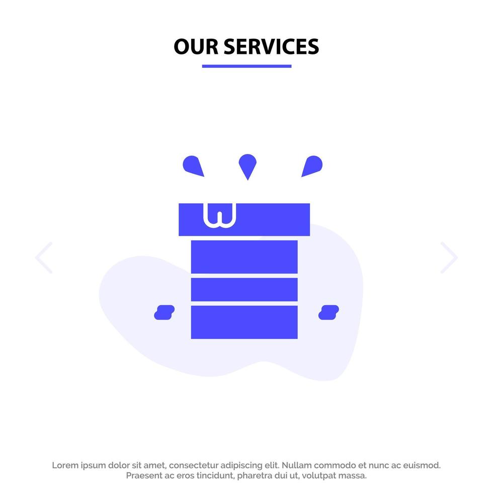 nosso modelo de cartão da web de ícone de glifo sólido resistente a água seco e resistente a nossos serviços vetor