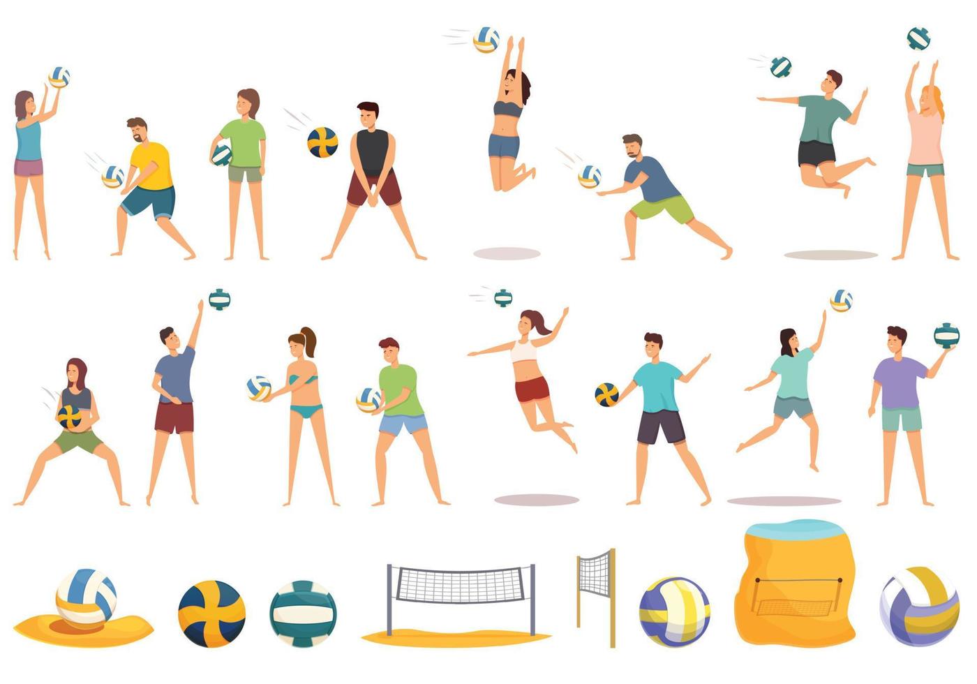 os ícones do voleibol de praia definem o vetor dos desenhos animados. quadra de rede
