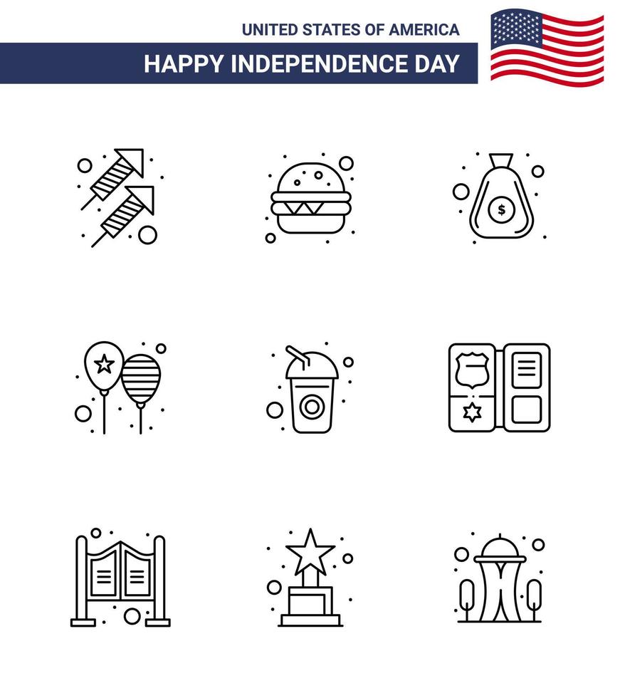 pacote de linha de 9 símbolos do dia da independência dos eua da festa do dinheiro da bandeira da américa comemore elementos de design de vetores do dia dos eua editáveis