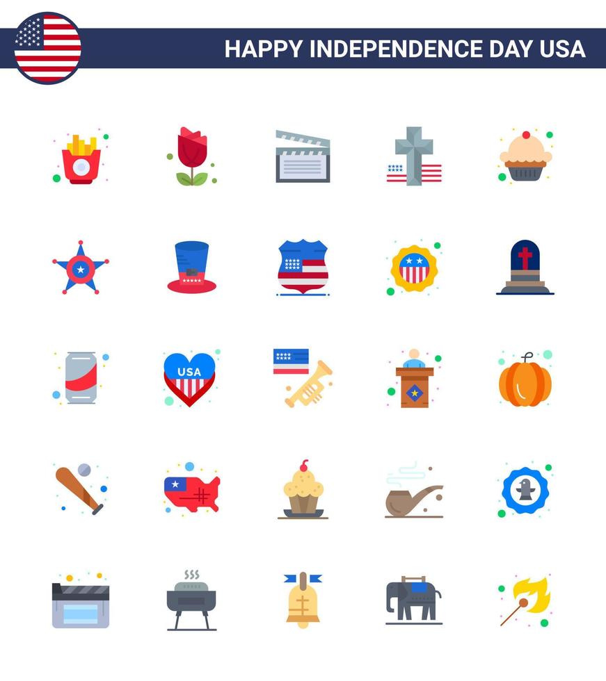 dia da independência dos eua conjunto plano de 25 pictogramas dos eua de bolo muffin igreja americana americana editável elementos de design do vetor do dia dos eua