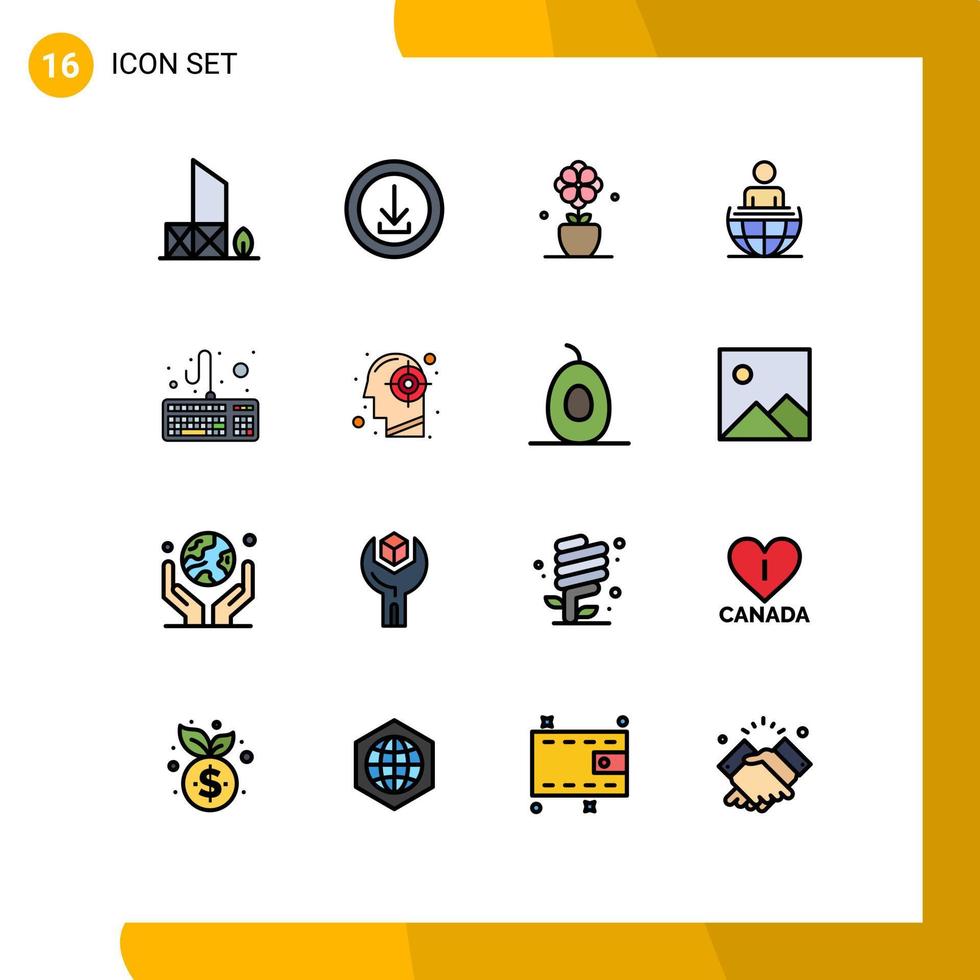conjunto de linha cheia de cores planas de interface móvel de 16 pictogramas de processo global de loja de negócios moderna tulipa elementos de design de vetores criativos editáveis
