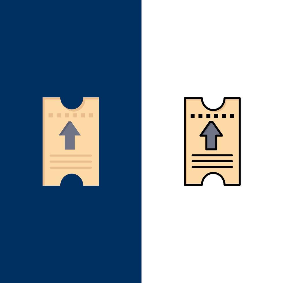 ícones de seta de hotel de passagem de bilhete plana e conjunto de ícones cheios de linha vector fundo azul