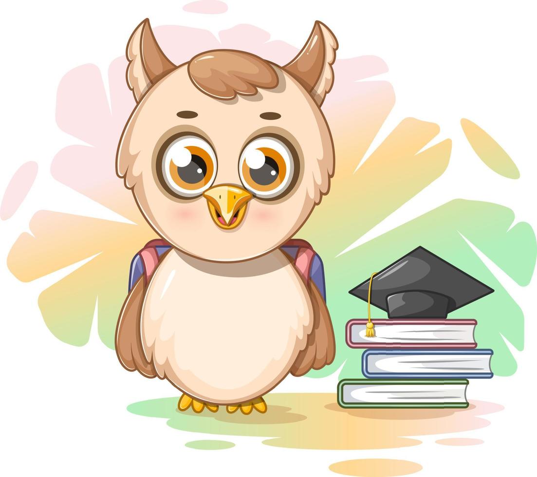 coruja de desenho animado inteligente com livros e uma mochila escolar vetor
