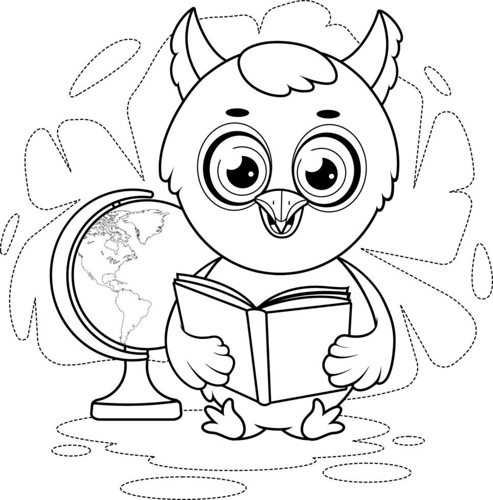página para colorir. coruja dos desenhos animados com um livro e um globo vetor