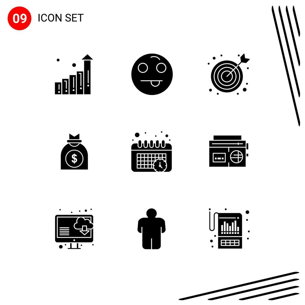 pacote de 9 sinais e símbolos de glifos sólidos modernos para mídia impressa na web, como elementos de design de vetores editáveis de horário de rádio