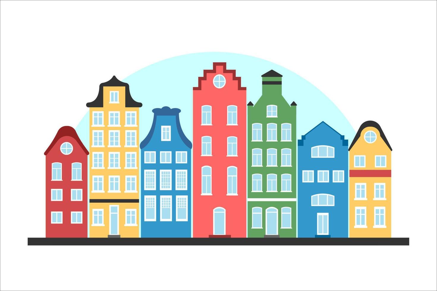 paisagem urbana de design plano. casas coloridas em estilo europeu vetor