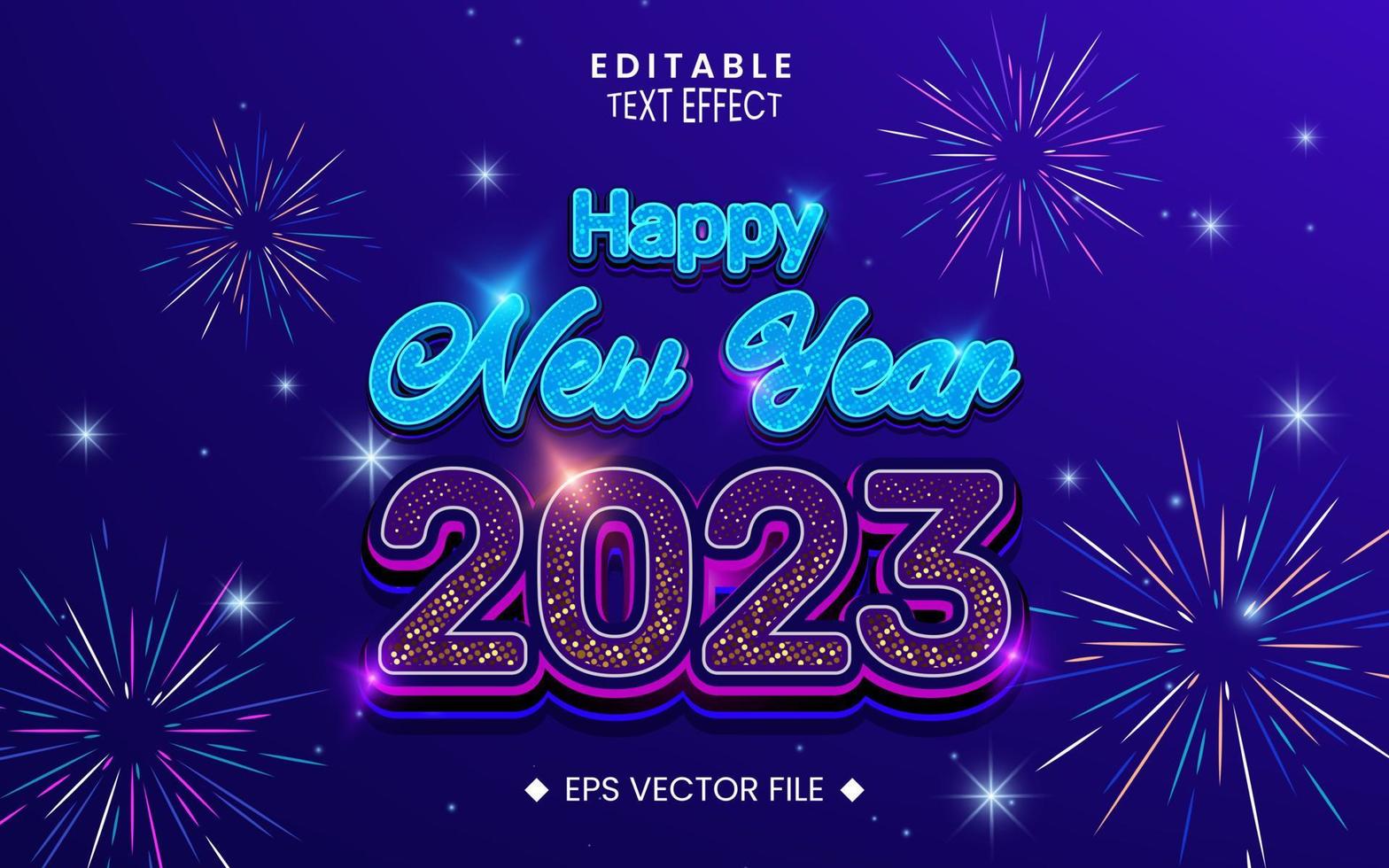 feliz ano novo 2023 efeito de texto neon editável com brilhos coloridos de meio-tom, fogos de artifício, estrelas vetor