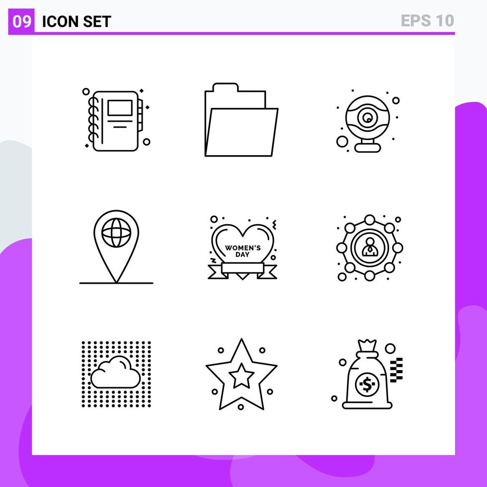 conjunto de 9 ícones em símbolos de contorno criativo de estilo de linha para design de sites e sinal de ícone de linha simples de aplicativos móveis isolado em fundo branco 9 ícones vetor
