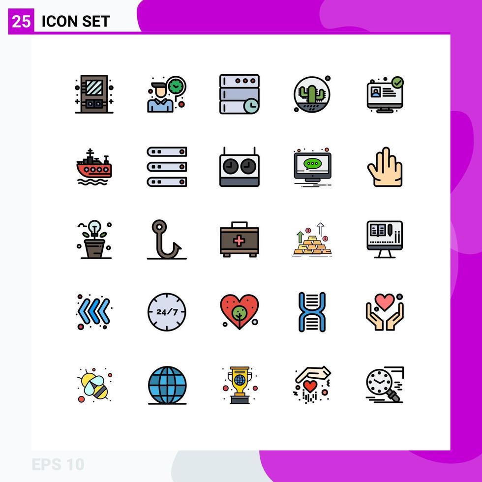 pacote de 25 sinais e símbolos modernos de cores planas de linha preenchida para mídia de impressão na web, como banco de dados de cactos de aplicativos médicos, planta de deserto, elementos de design de vetores editáveis