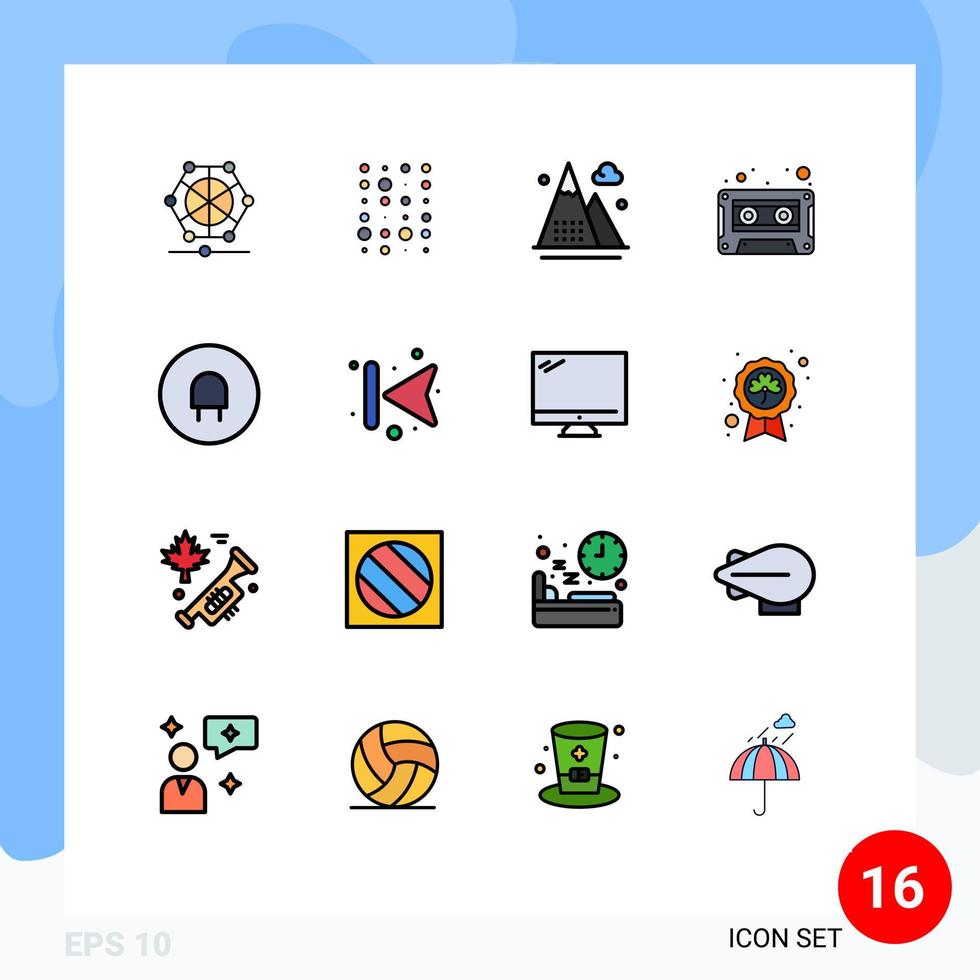 grupo de 16 linhas cheias de cores planas sinais e símbolos para atividades de cassete de carga cassete de áudio natureza editável elementos de design de vetores criativos