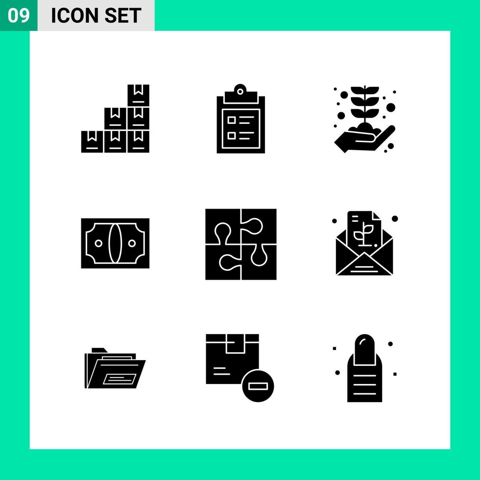 pacote de 9 símbolos de glifos de conjunto de ícones de estilo sólido para impressão de sinais criativos isolados no conjunto de 9 ícones de fundo branco vetor