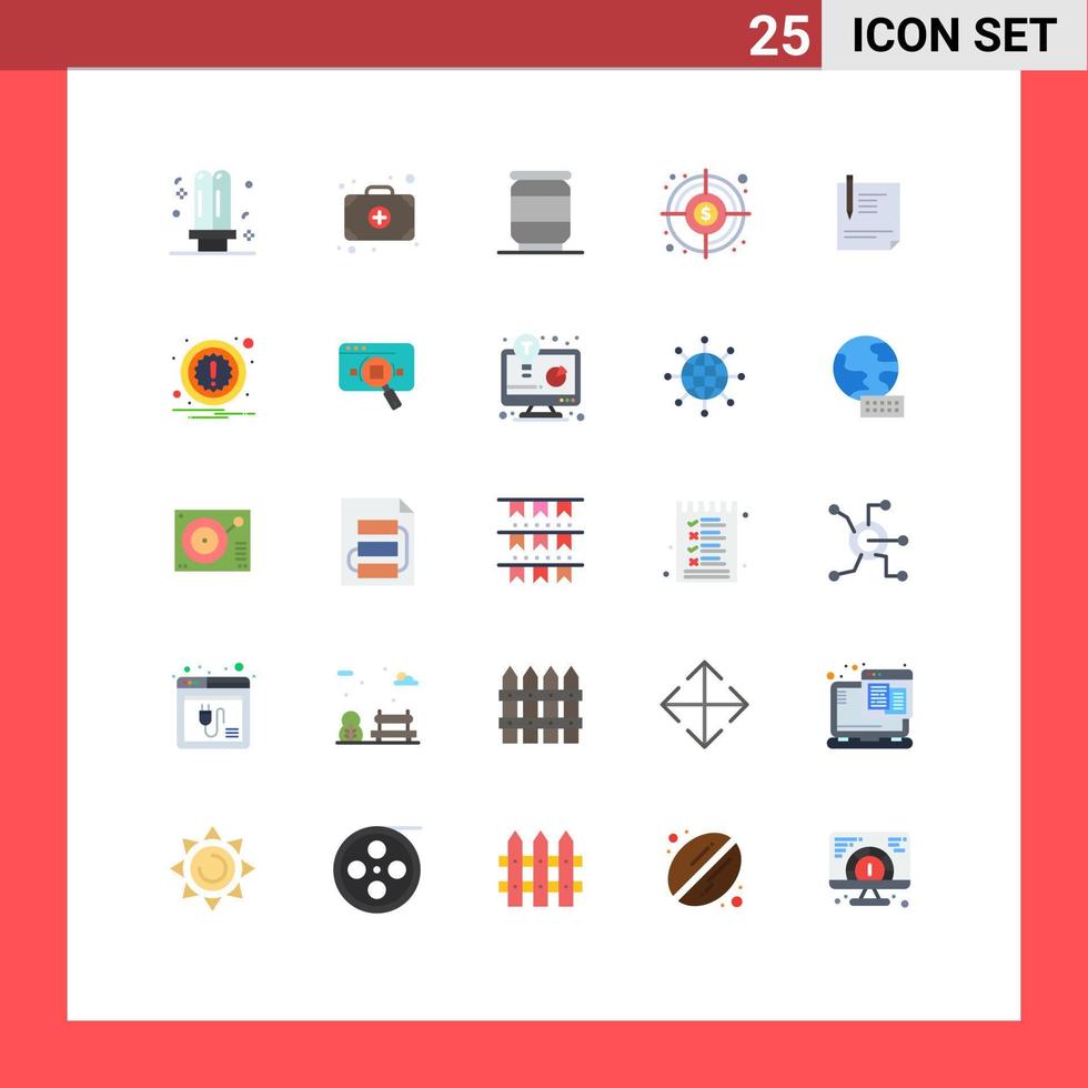 pacote de 25 sinais e símbolos modernos de cores planas para mídia impressa na web, como arquivo de contrato, cerveja, busca de objetivo, elementos de design de vetores editáveis