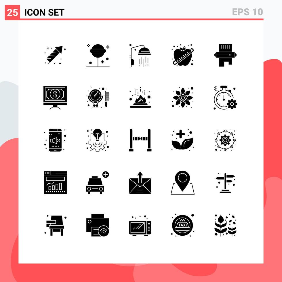 25 conceito de glifo sólido para sites móveis e aplicativos bebidas fitness doce maçã saudável elementos de design vetorial editáveis vetor