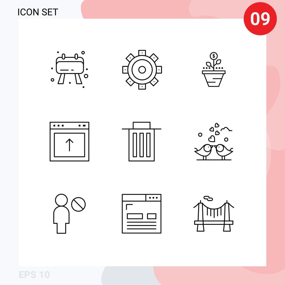 conjunto de esboço de interface móvel de 9 pictogramas de elementos de design de vetores editáveis de dinheiro de seta de cuidado de navegador de site