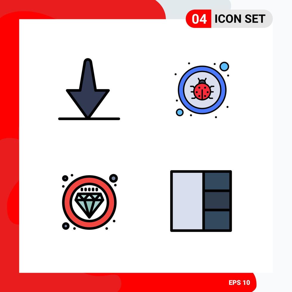 Conceito de cor plana de 4 linhas preenchidas para sites móveis e aplicativos, grade de vírus de bug de qualidade de seta, elementos de design de vetores editáveis