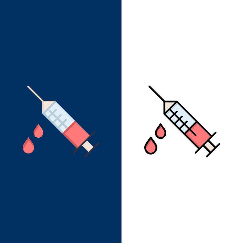 ícones de drogas médicas de injeção de drogas planas e cheias de linha conjunto de ícones vetoriais fundo azul vetor