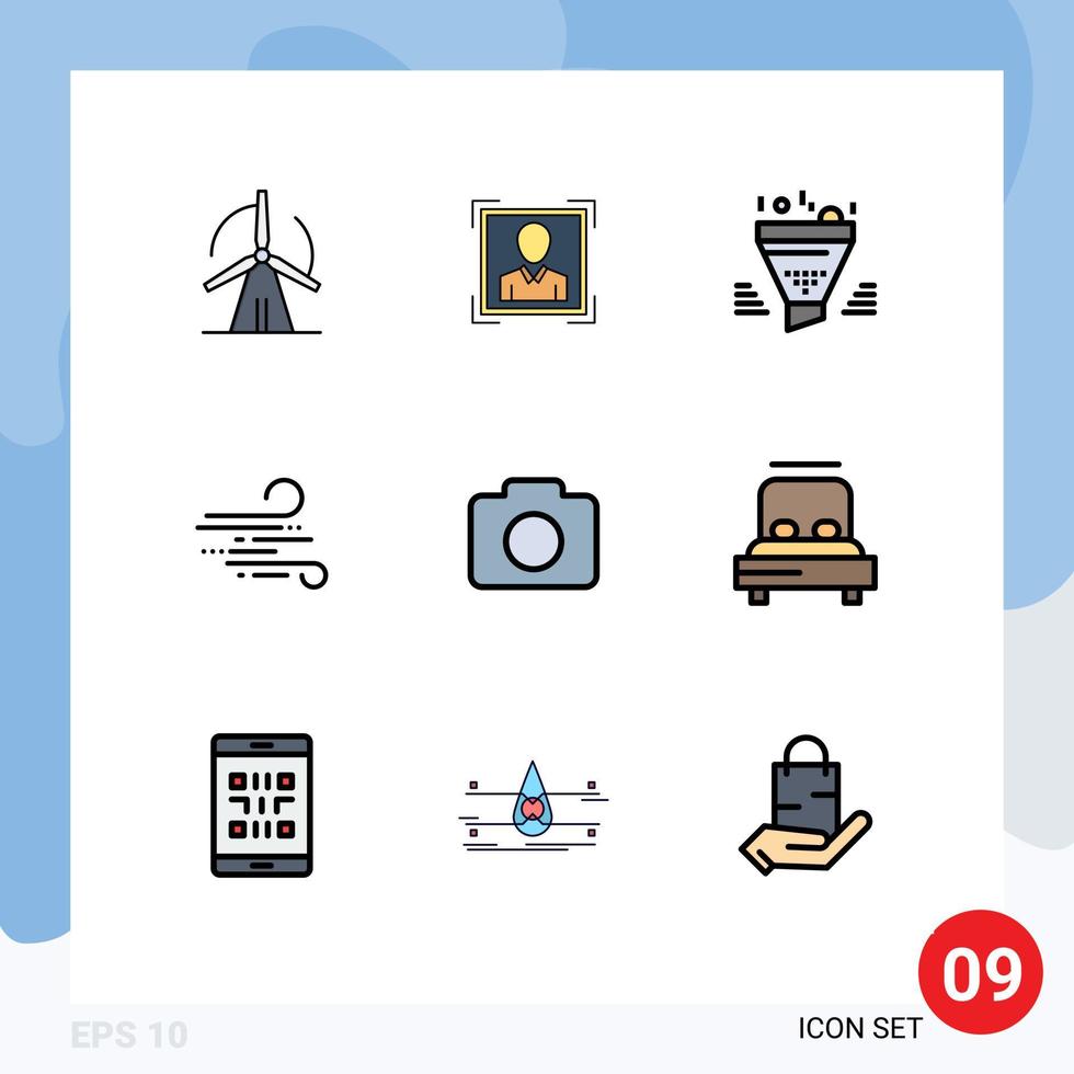conjunto moderno de 9 cores e símbolos planos de linha preenchida, como filtro de vento do instagram, elementos de design de vetores editáveis