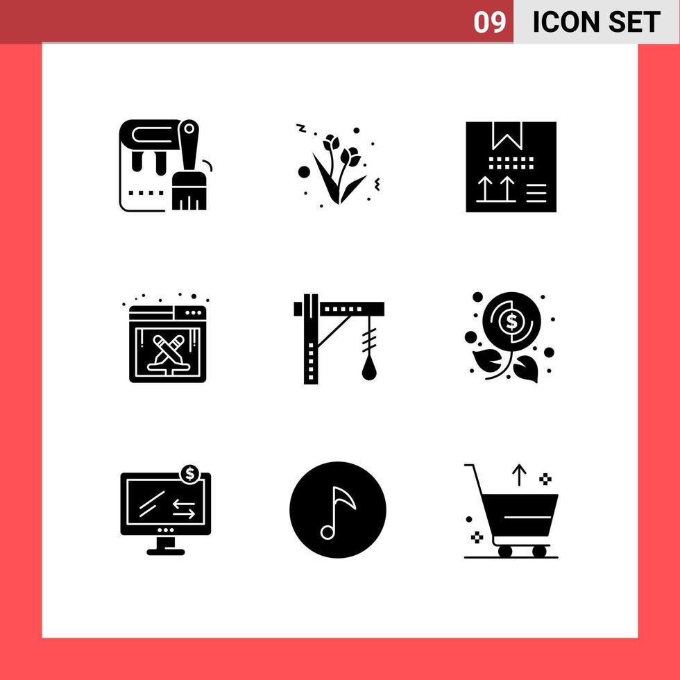 grupo de 9 sinais e símbolos de glifos sólidos para design de software de codificação de trabalho de bulbo elementos de design de vetores editáveis