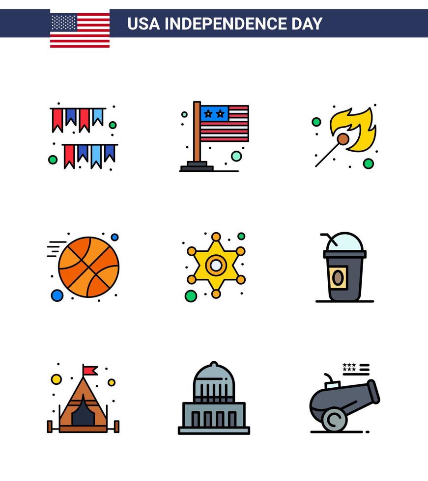 9 ícones criativos dos eua sinais modernos de independência e símbolos de 4 de julho de esportes policiais bola dos eua ao ar livre editável elementos de design do vetor do dia dos eua