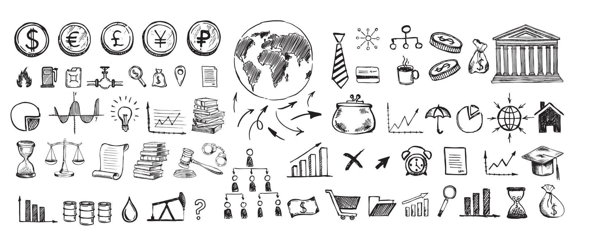 símbolos de negócios desenhados à mão. conceito de gestão com estilo de design doodle. vetor