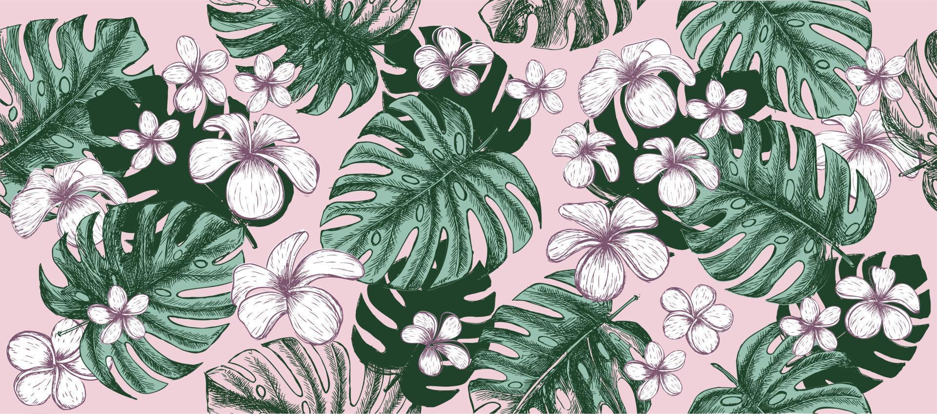 folhas tropicais fundo rosa padrão. mão desenhada ilustração. vetor