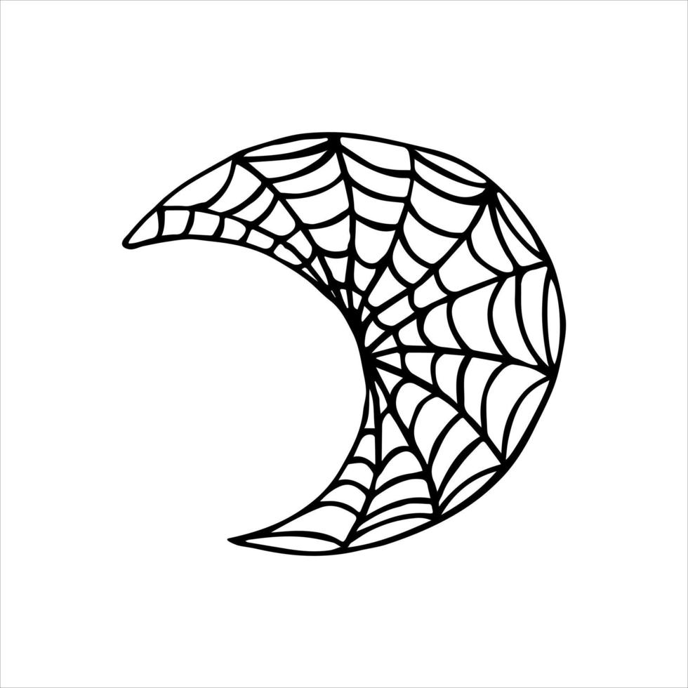 mão desenhada doodle boho lua crescente decorado com teia de aranha. isolado no fundo branco vetor