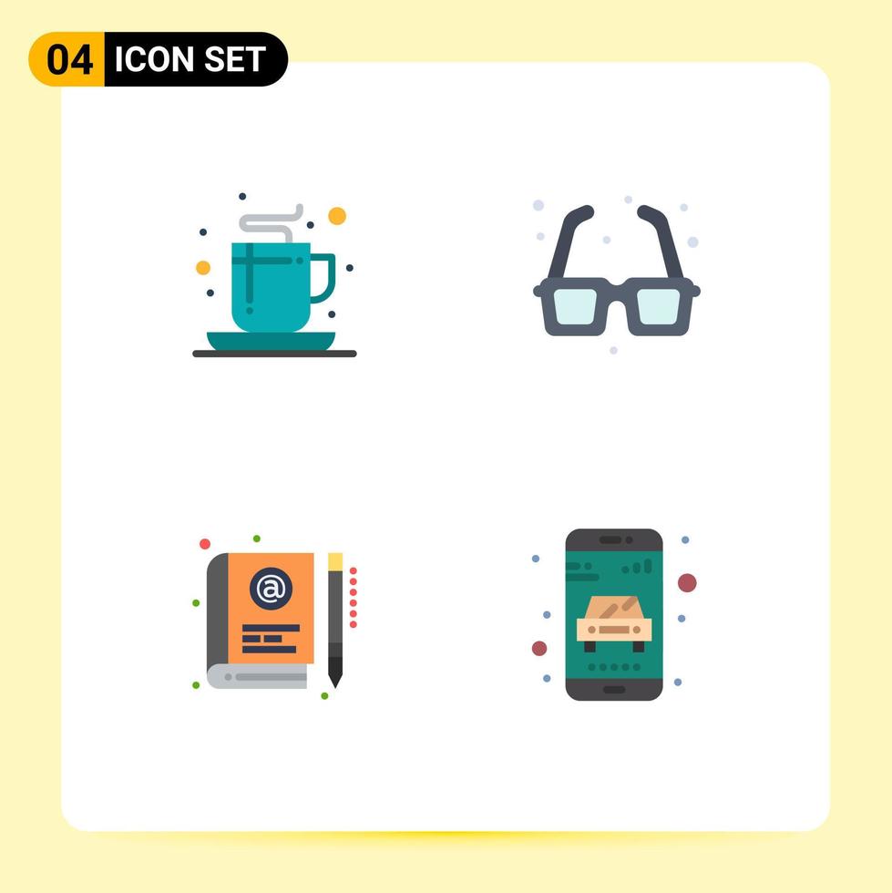 pacote de 4 sinais e símbolos de ícones planos modernos para mídia impressa na web, como livro de café, parque de chá e elementos de design de vetores editáveis