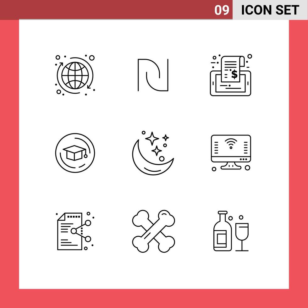 conjunto de pictogramas de 9 contornos simples de elementos de design de vetores editáveis de etiqueta de formatura noturna