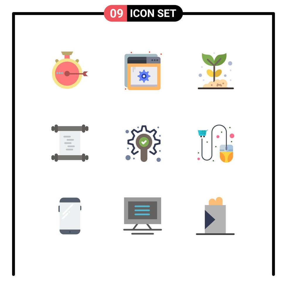 pacote de cores planas de 9 símbolos universais de histórico de configuração de log de pesquisa natureza elementos de design de vetores editáveis