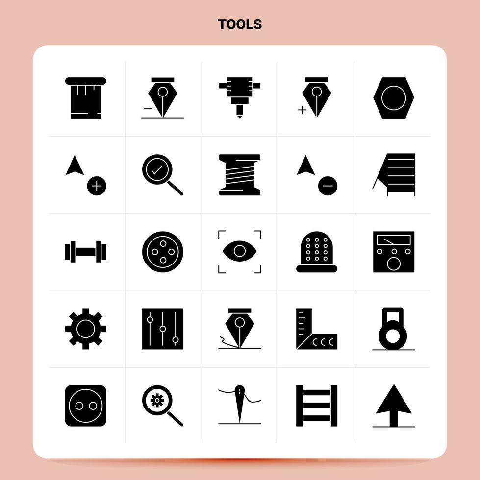 conjunto de ícones sólidos de 25 ferramentas design de estilo glifo vetorial conjunto de ícones pretos web e design de ideias de negócios móveis ilustração vetorial vetor