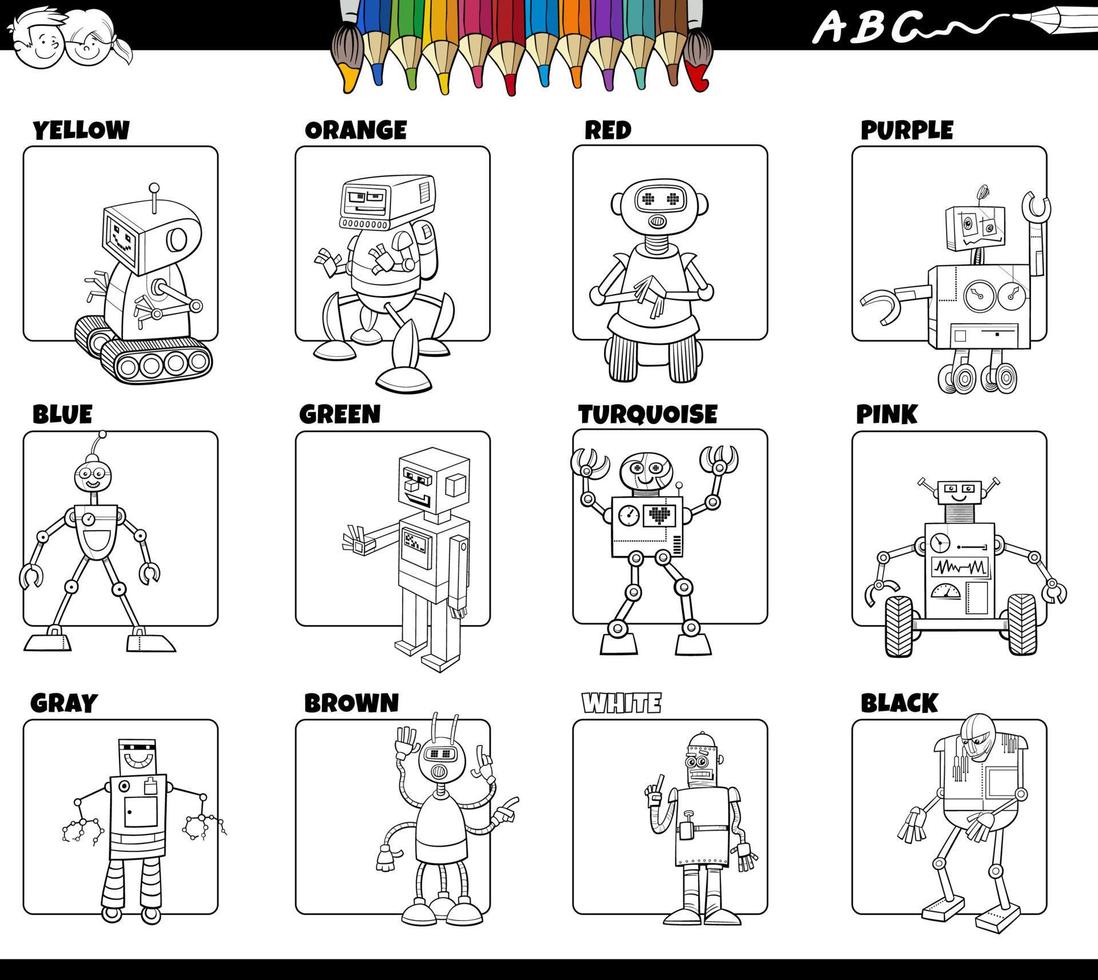 cores básicas com conjunto de personagens de robôs para colorir vetor