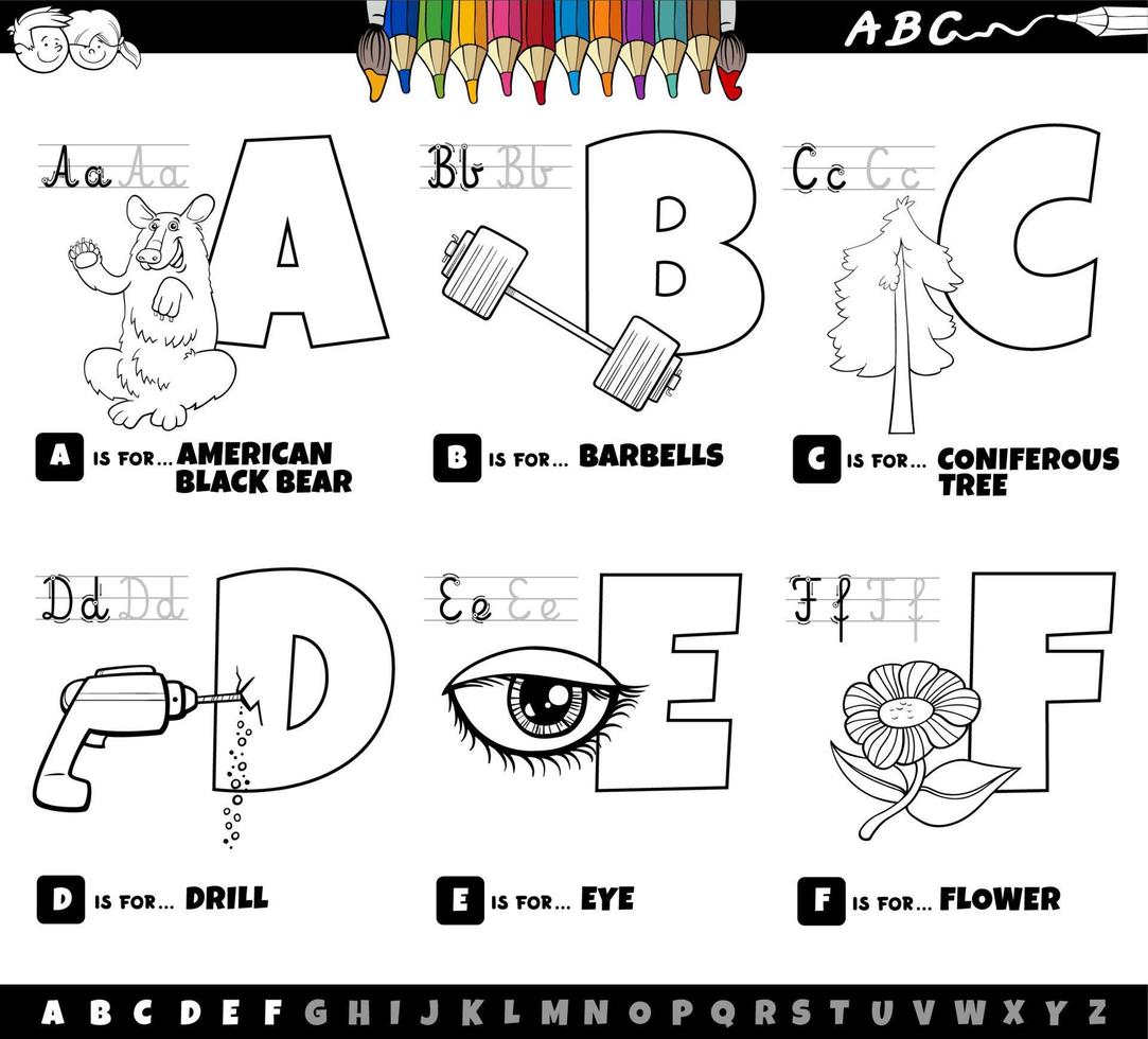 letras do alfabeto de desenho animado educacional definido de a a f página colorida vetor