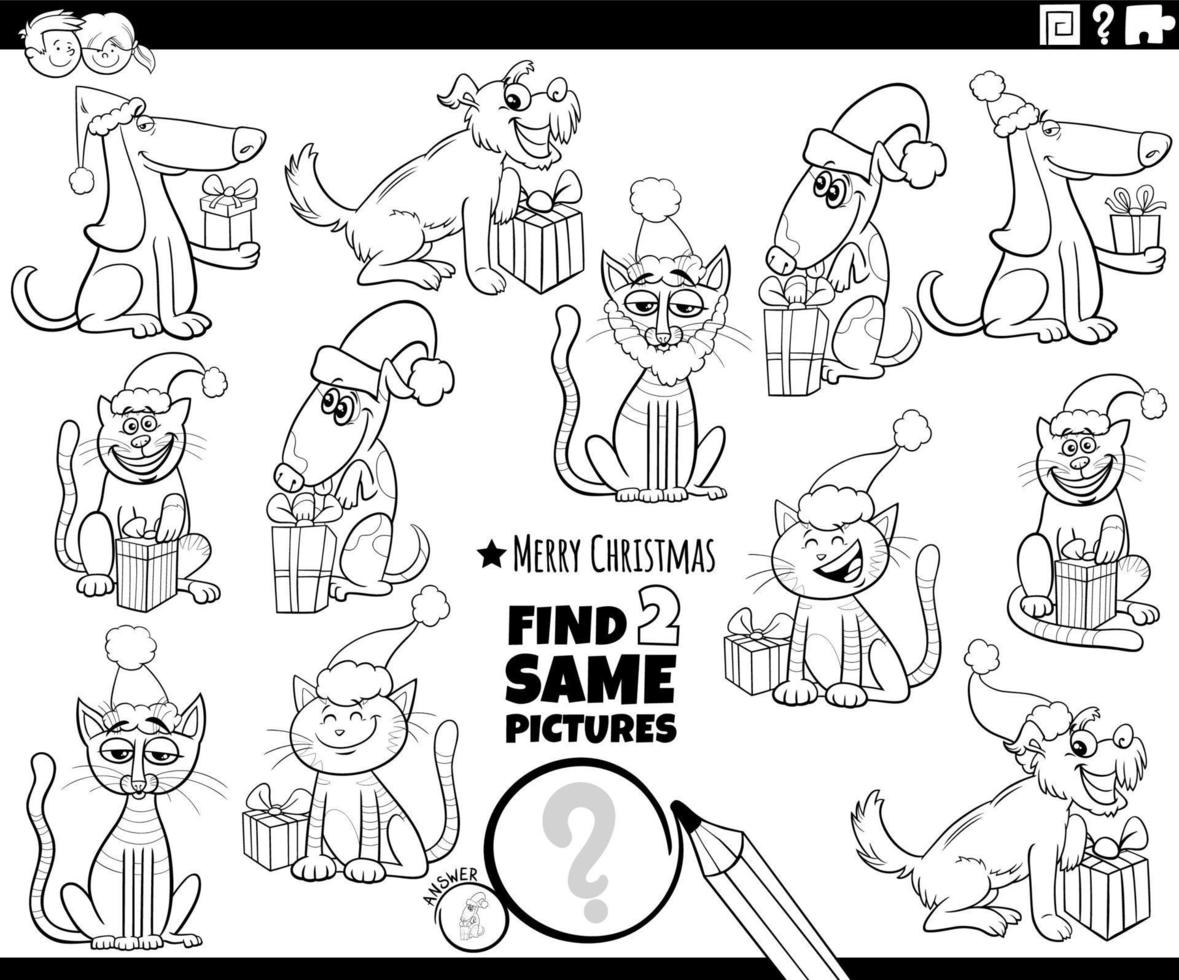 encontre dois mesmos animais de estimação dos desenhos animados com presentes de natal página para colorir vetor