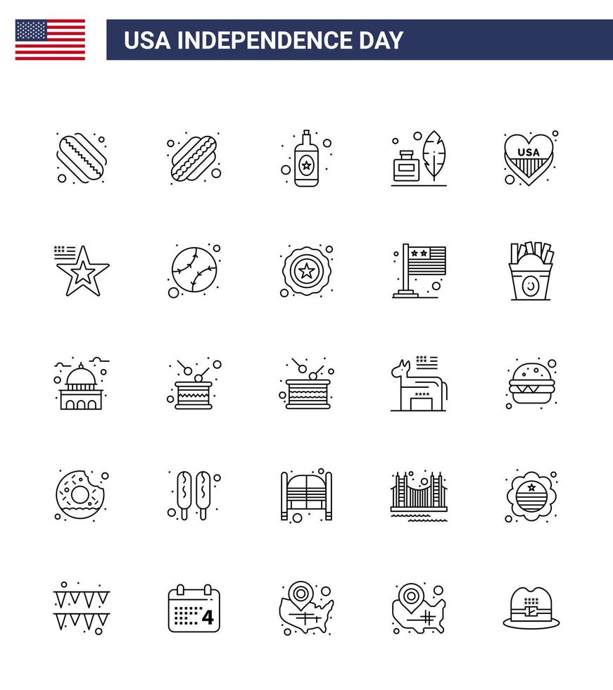 pacote de linha de 25 símbolos do dia da independência dos eua dos eua garrafa de tinta americana estrela amor editável elementos de design do vetor do dia dos eua