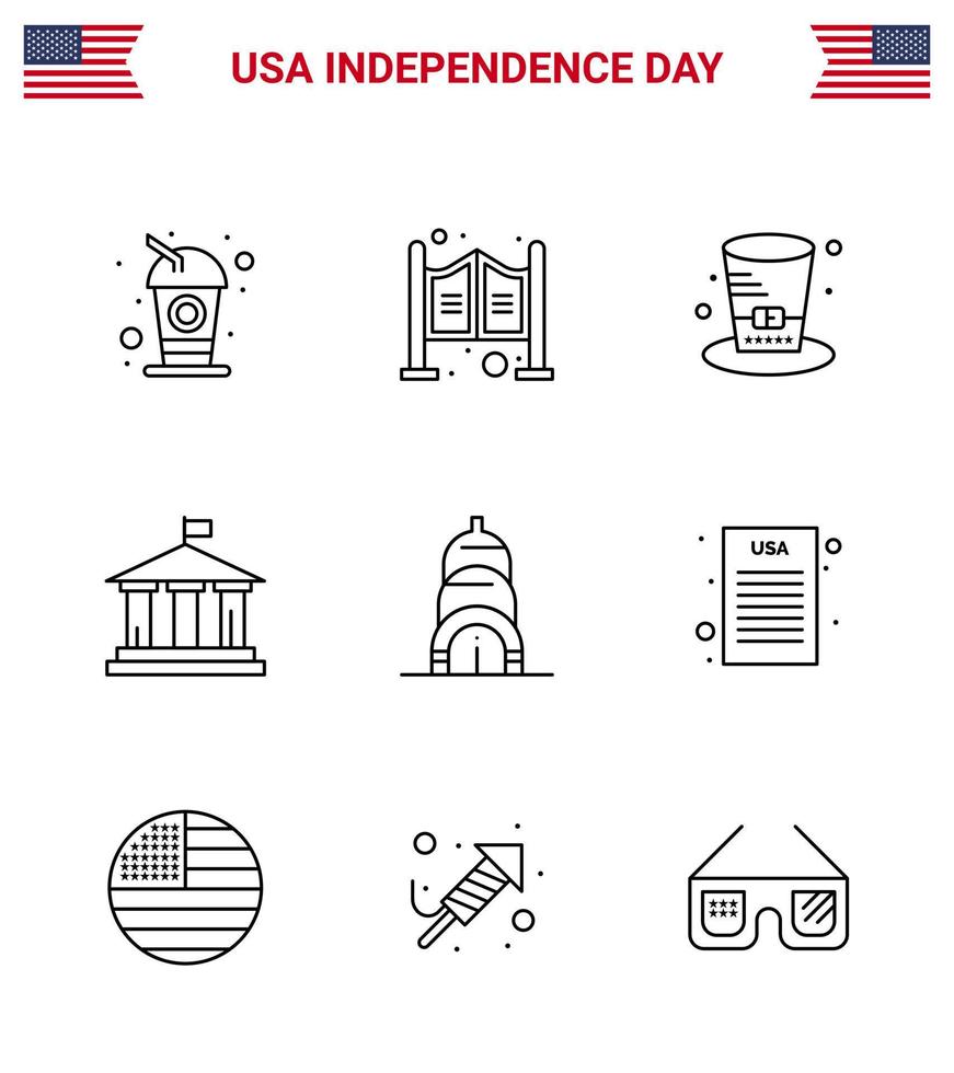 pacote de 9 sinais de linhas de celebração do dia da independência dos eua e símbolos de 4 de julho, como a construção do dia dos eua, banco americano, editável, elementos de design vetorial do dia dos eua vetor