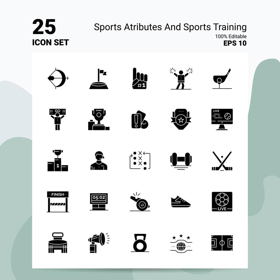 25 atributos esportivos e conjunto de ícones de treinamento esportivo 100 eps editáveis 10 arquivos idéias de conceito de logotipo de negócios design de ícone de glifo sólido vetor