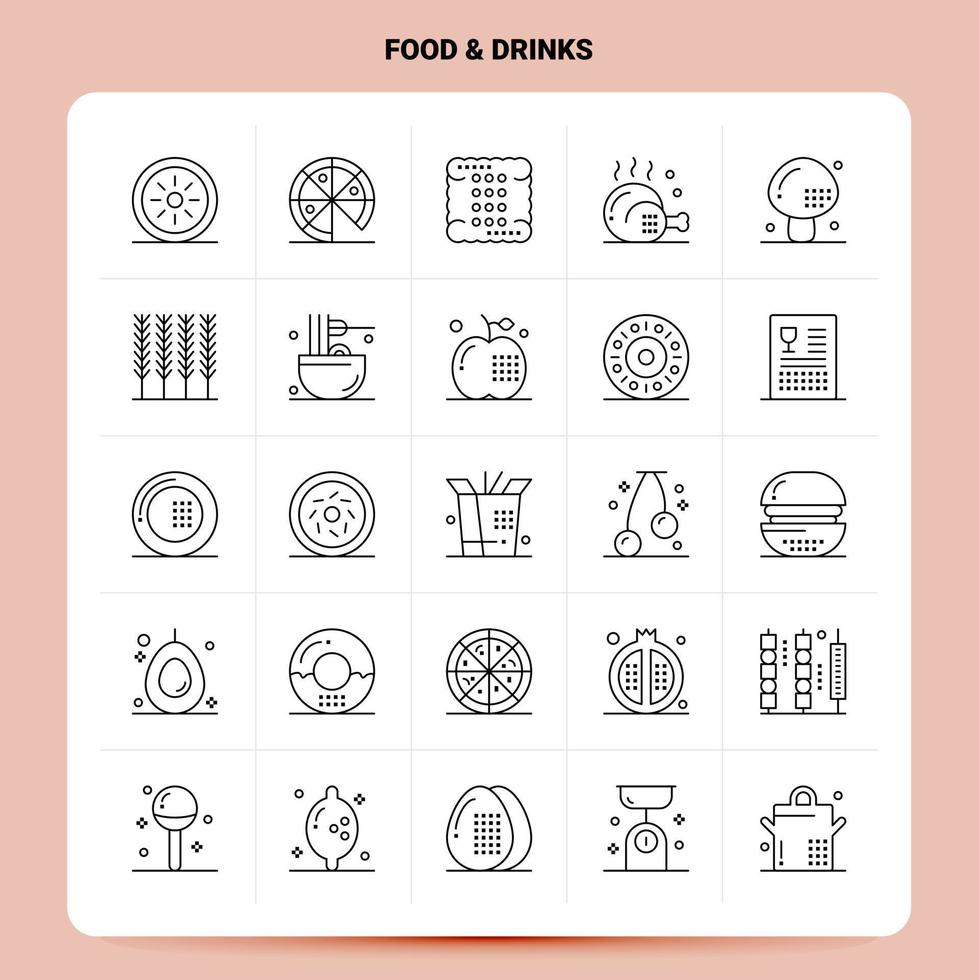 delinear 25 conjunto de ícones de bebidas de alimentos vetor design de estilo de linha ícones pretos conjunto de pictograma linear pacote de ideias de negócios móveis e web design ilustração vetorial