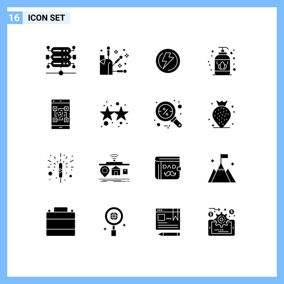 16 ícones criativos, sinais modernos e símbolos de código de voltagem de pagamento digitalizado, sabão líquido, elementos de design vetorial editáveis vetor