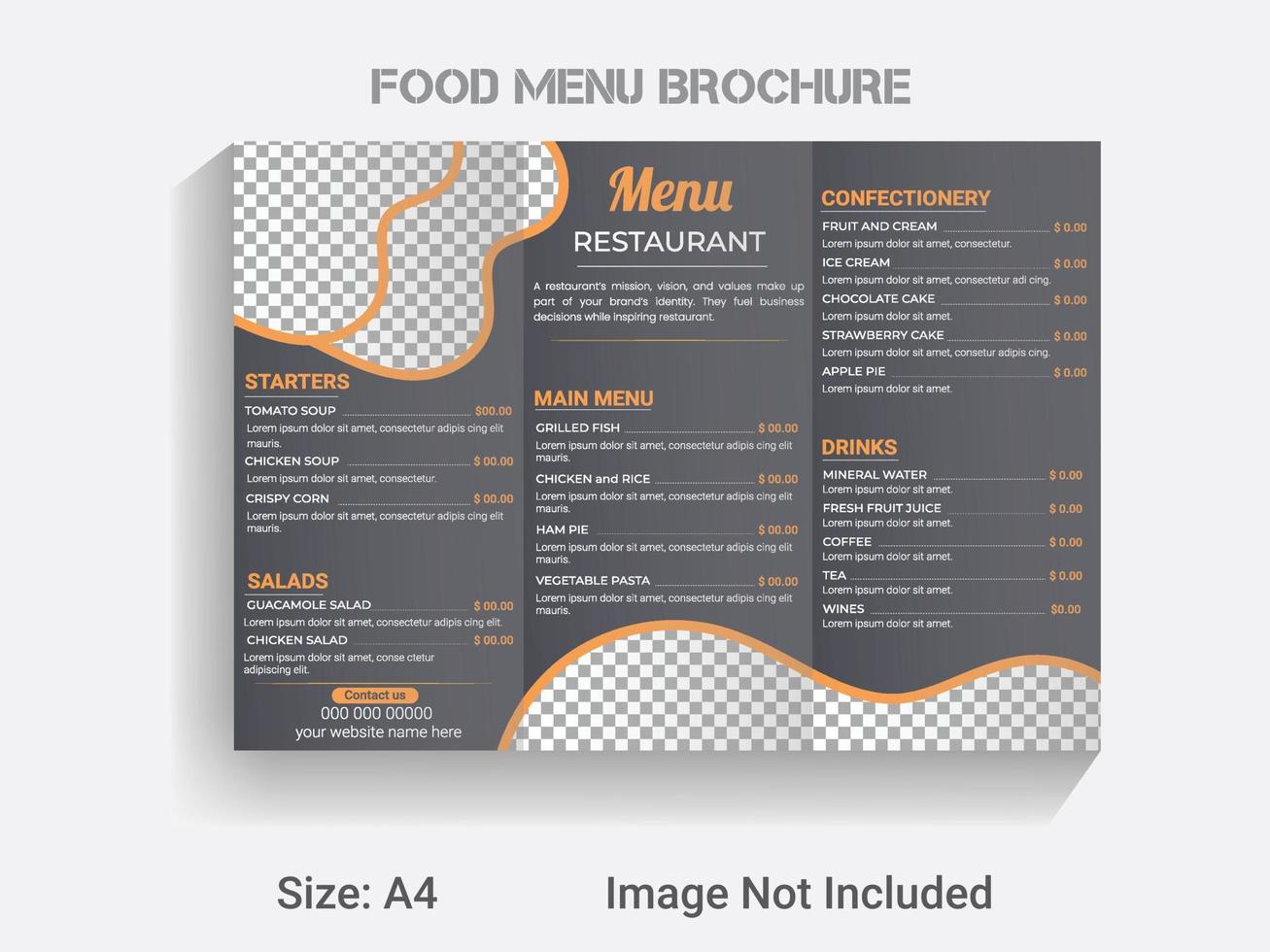 brochura com três dobras de tamanho a4 modelo de menu de comida de ano novo. layout de design de menu de restaurante vetorial moderno. vetor