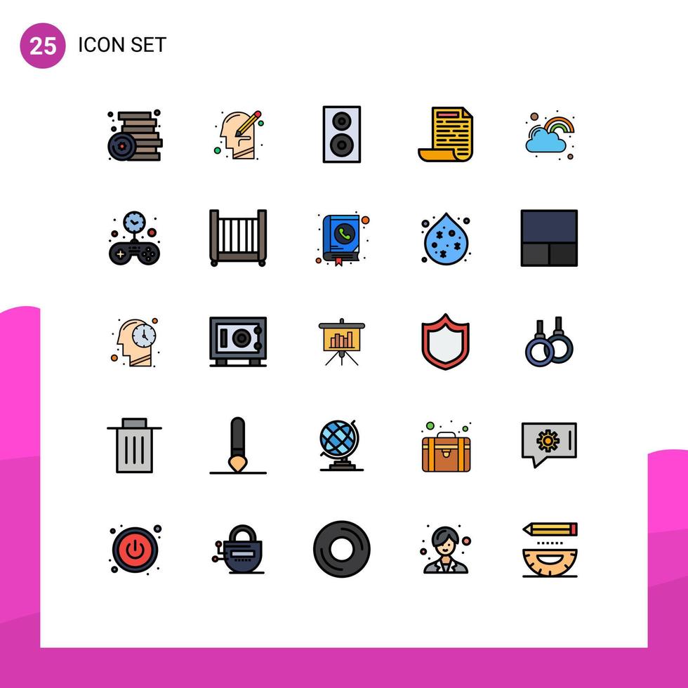 Pacote de cores planas de linha cheia de 25 interfaces de usuário de sinais e símbolos modernos de produtos de tecnologia de pensamento de arquivo de documento elementos de design de vetores editáveis